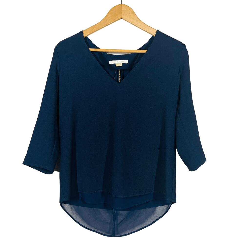 NEW! Cooper & Ella Layered Tunic Top Navy Blouse Career Casual 3/4 Sleeve - S
